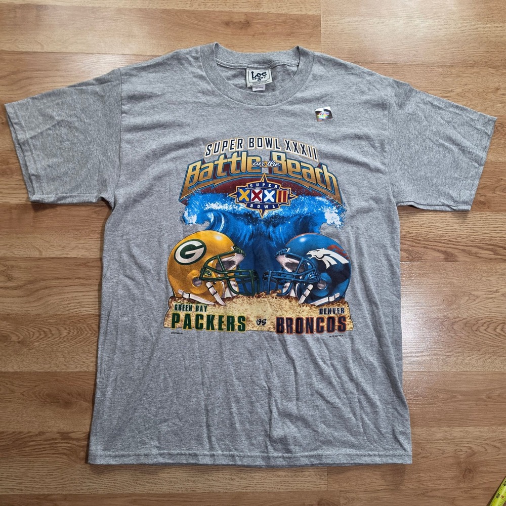 Lee Sport T-Shirt Mens Large Super Bowl XXXII Packers vs Broncos Gray 1998 90s